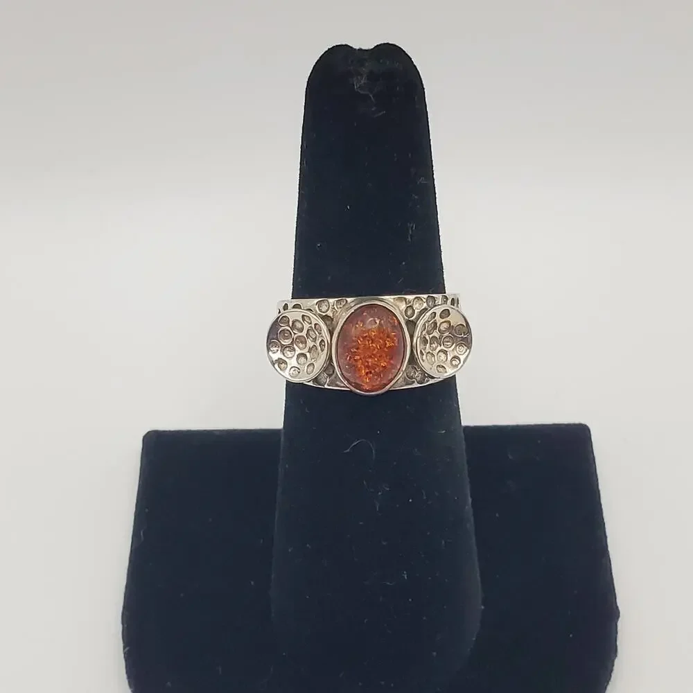 Artisan Boho Sterling Silver 925 Baltic Amber Band Ring Size 6.75